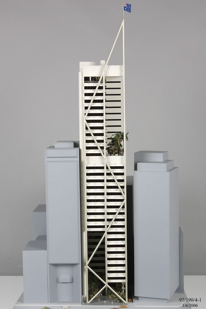Architectural model of a high rise office tower designed in the 1980s 